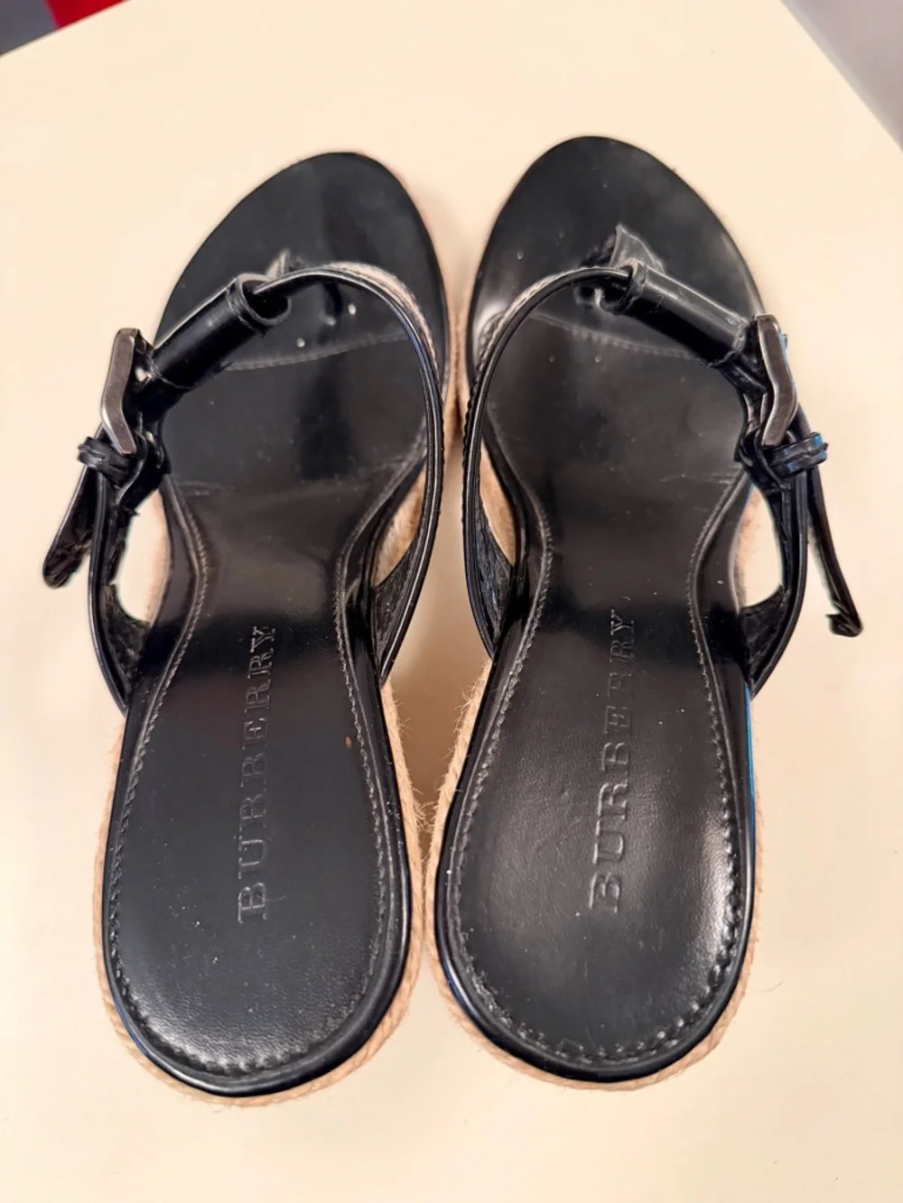 Burberry Wedge Sandals |Black Patent Leather Nova Check Strap Espadrille Size 8 - Picture 5 of 10